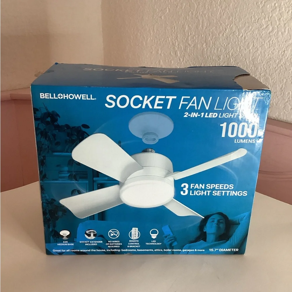 Bell + Howell Socket Fan Light W Remote 5 Speed Ceiling Fan New Open Box